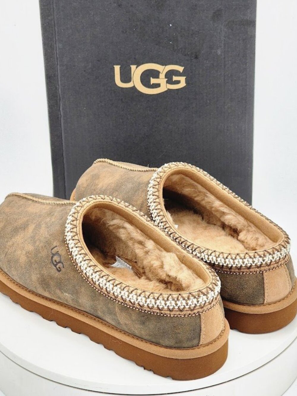 UGG Tasman Baxter Slippers Men’s Size 9 Chestnut Suede Shearling Clog - Picture 6 of 12